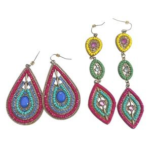 Lot of 2 Boho Beaded Drop Earrings Teardrop Chandelier Pink Blue Yellow Green